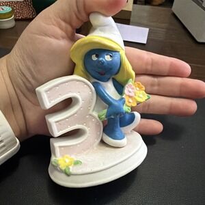 Vintage 1983 Smurfette Birthday 3 Porcelain Ceramic Figurine #8607